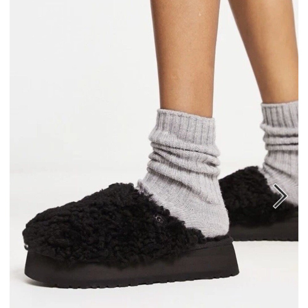 UGG Maxi Curly Platform Slipper Black Wool Blend Slip-On Lined Slippers Size 7